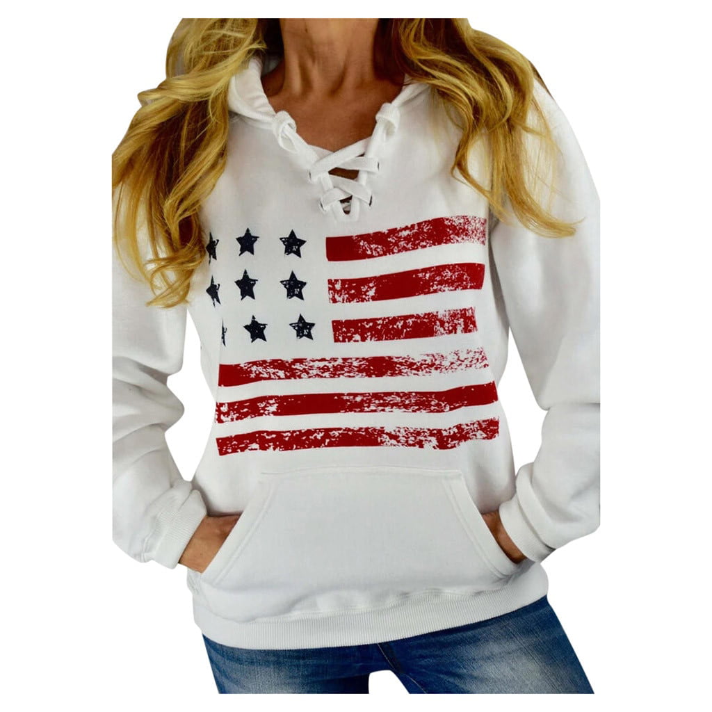 Womens Girls Cat Ear Pullover Hoodie USA Patriotic Crop Top Sweatshirts 