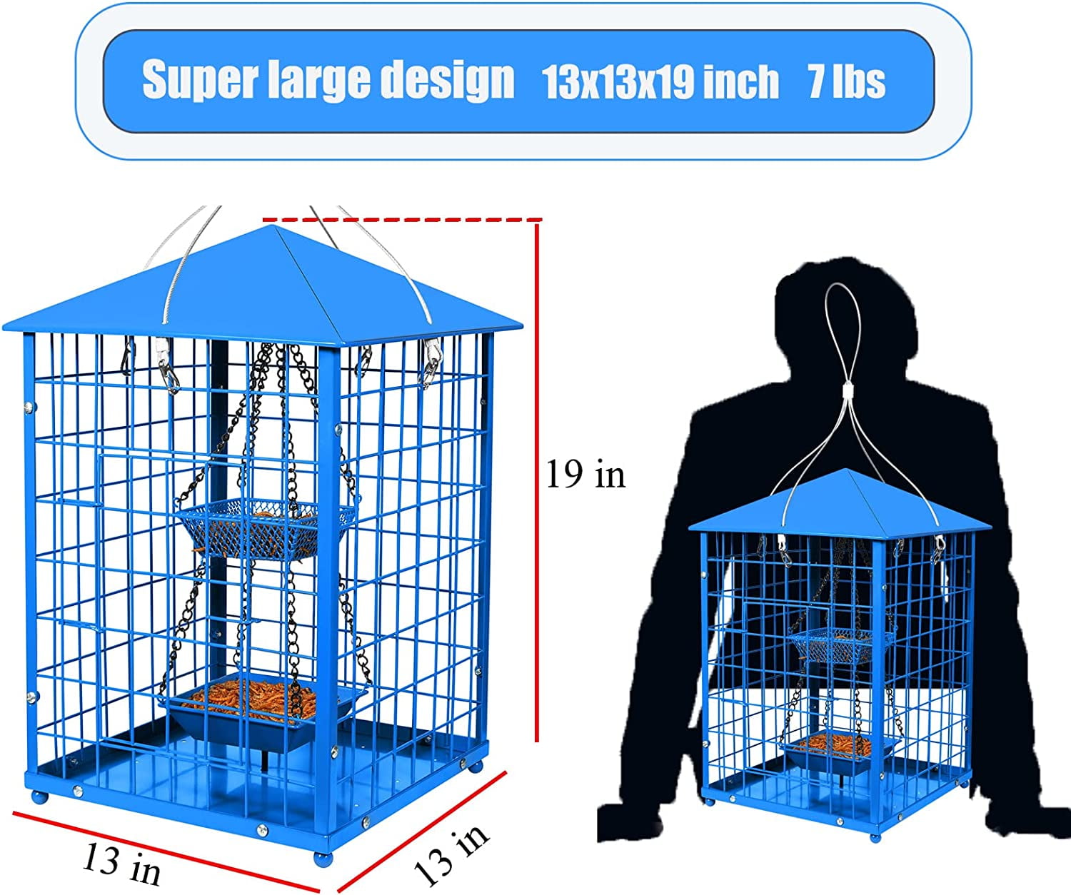 Bird Feeders for Bluebirds - Metal - Huge Caged Squirrel-proof Bird Feeders with 2 Cups, DIY Wild Bird Feeders Outdoor Hanging (Blue), Attract Small Birds, 2lbs Seed Capacity+1 Cup