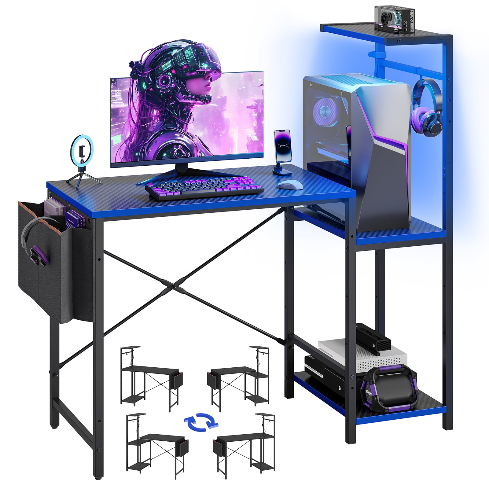 Bestier Gaming Desk with LED Lights, 44'' Computer Desk with Reversible Shelves, PC Gamer Desk with Side Storage Bag, Hooks and Height Adjustable Shelf for Home Office, Blue