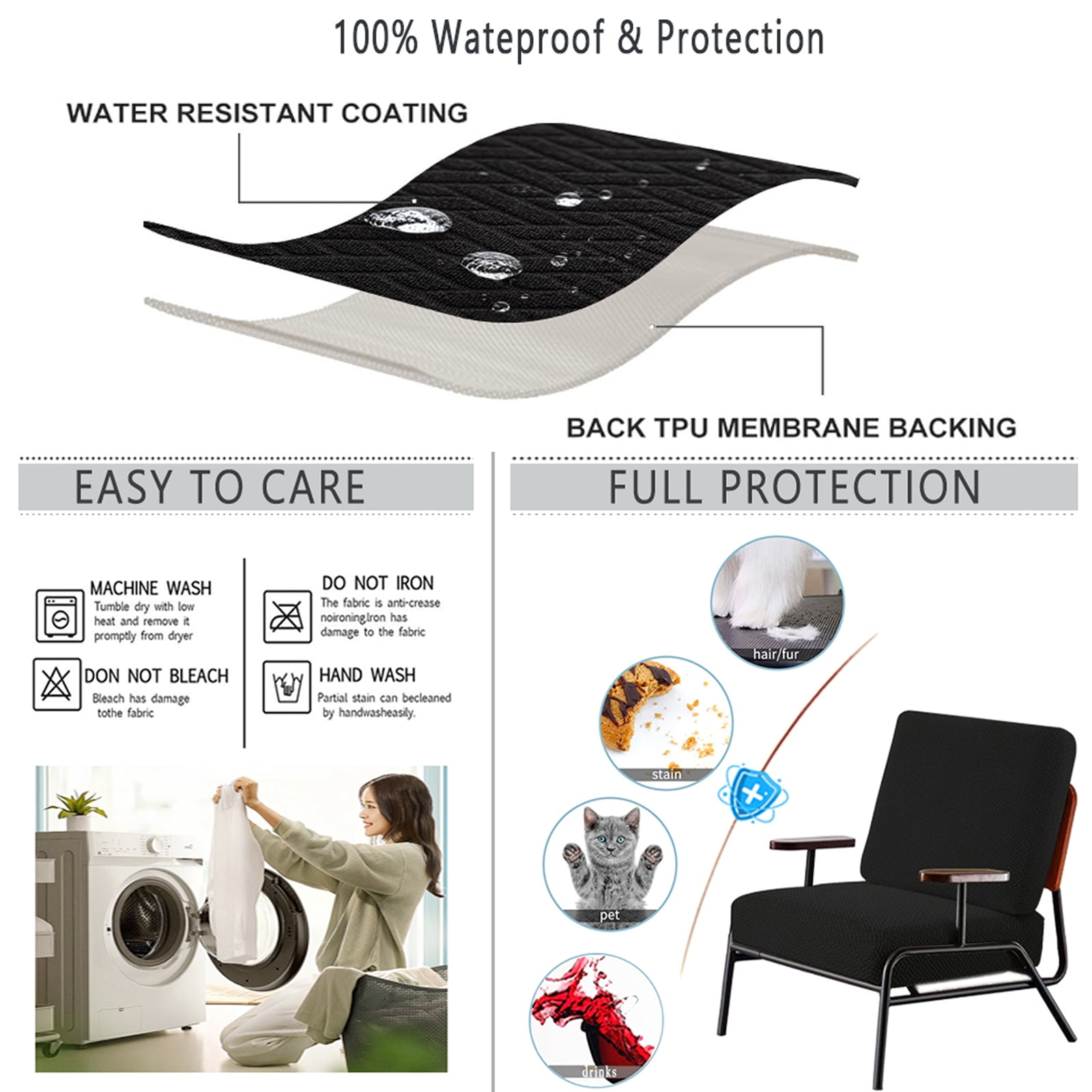 Eurhowing Outdoor Chair Cushion Covers 2Pcs, Waterproof Stretch Seat Cushions Slipcovers, Chair Seat Furniture Protector for Patio, Black