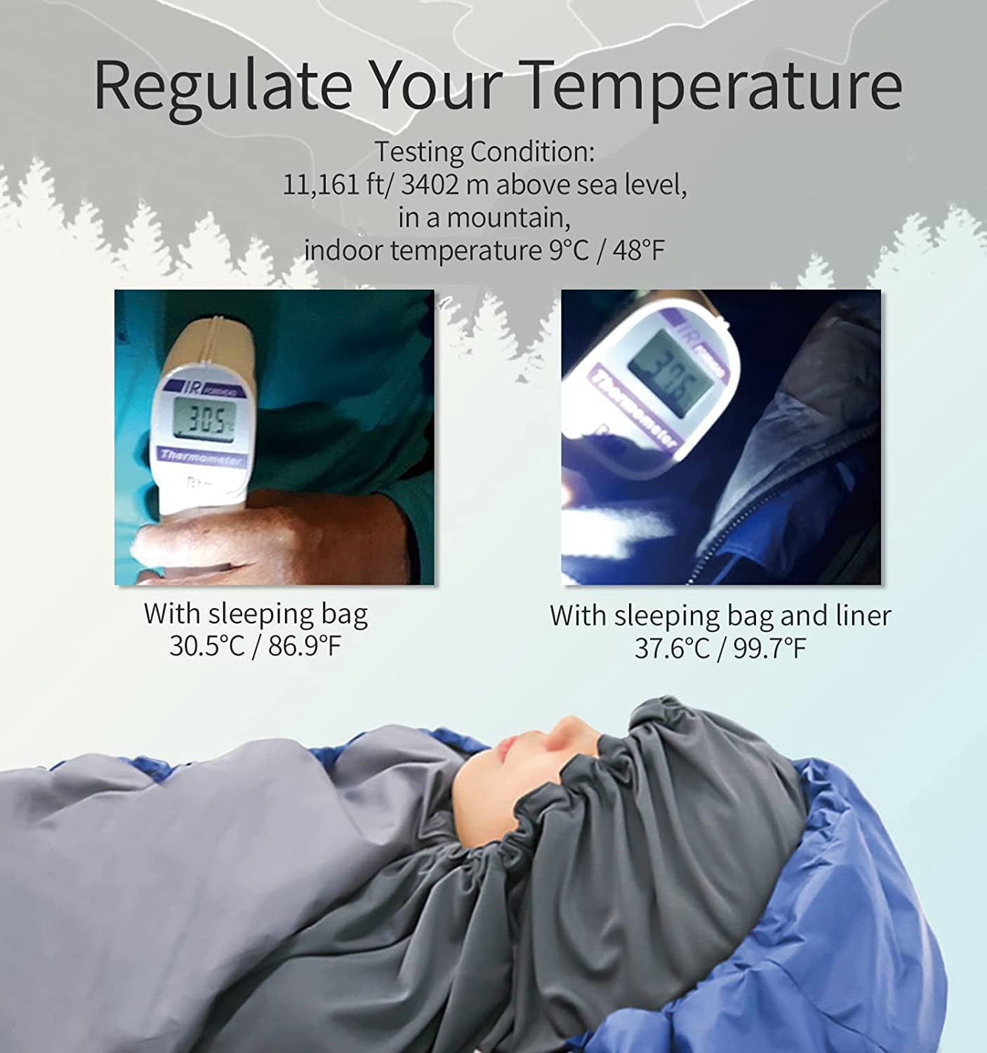 Litume Thermolite All Season Sleeping Bag Liner, Adds up to 22°F / 12°C Warmth, Mummy Sleep Sack with Drawstring Hood, Lightweight for Camping, Backpacking & Travel – Model E626