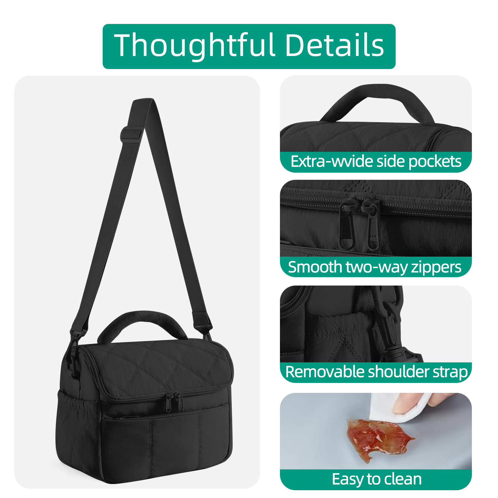 stillithou Lunch Bag Insulated Leakproof, Quilted Puffer Lunch Bag Women Lightweight for Work Travel Beach Picnic, Medium(Normal), Black