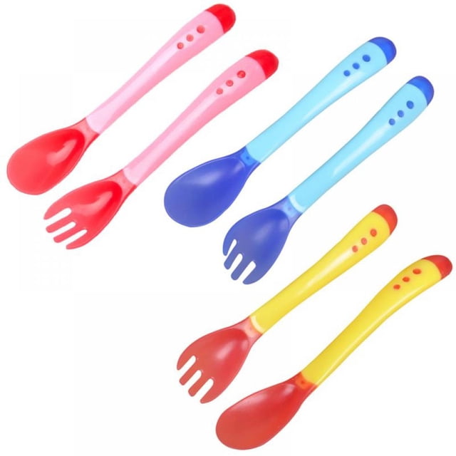 LNGOOR Baby Spoons Feeding Set Soft Silicone Tip Heat Sensitive Utensils BPA Free 2PCS Multi Color Infant Spoons and 1PCS Fork