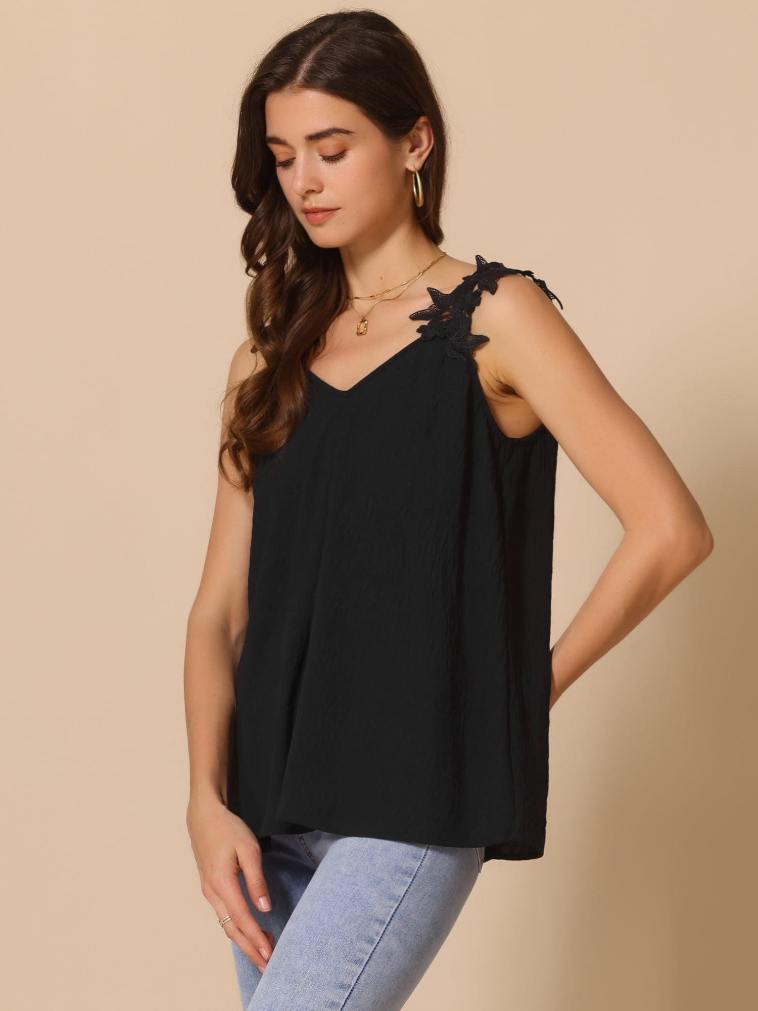 DARING DIVA Women V Neck Solid Color Camisole Sleeveless Tops S Black