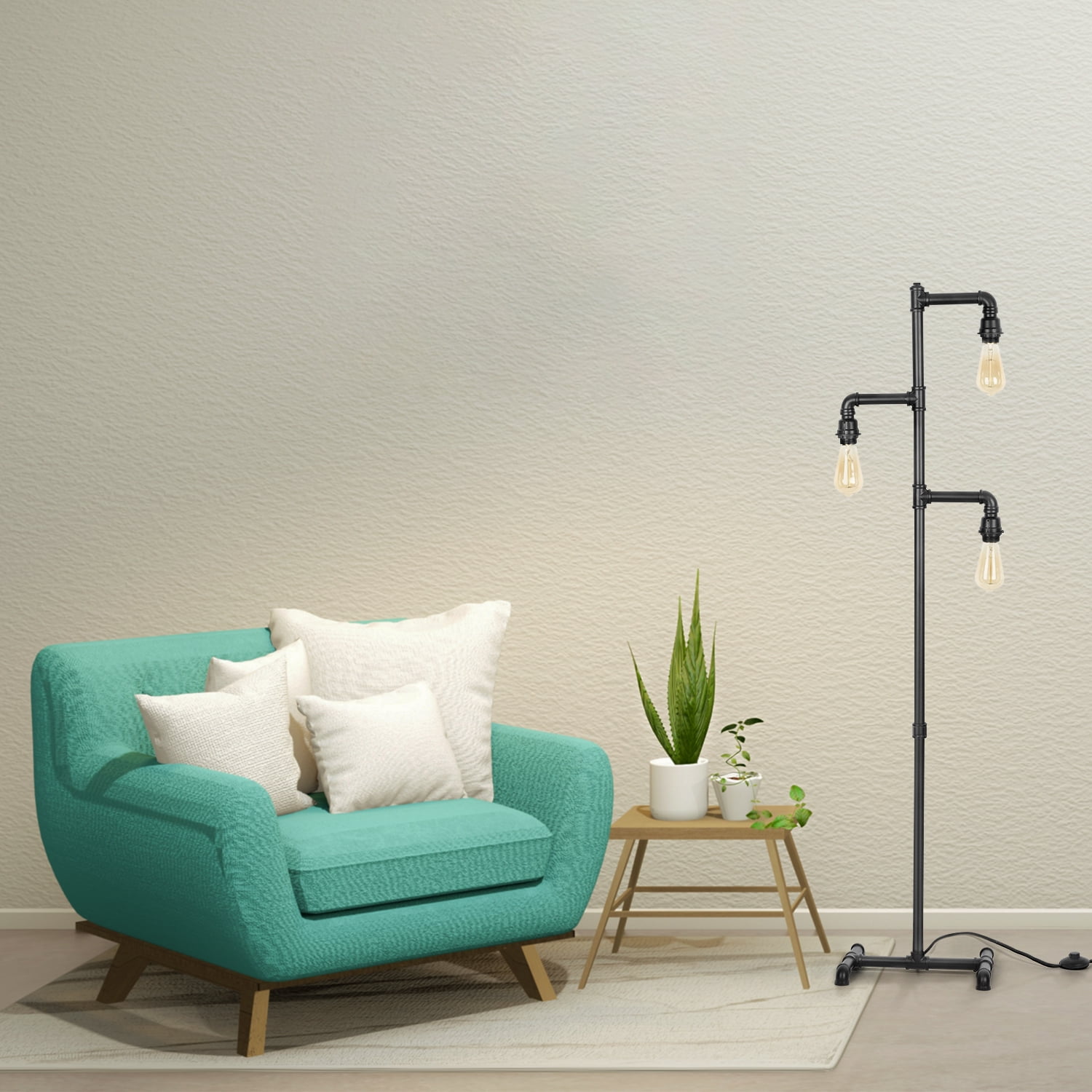 Industrial Tree Floor Lamp with 3 Adjustable Rotating Lights, E26 Edison Bulb Floor Lamp for Living Room, Bedroom, Home, Office(Bulb not Included) (Black)