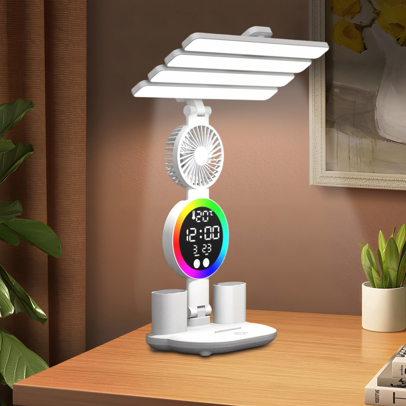 Kumdkd Rechargeable LED Desk Lamp with Fan & Clock - 5-in-1 RGB Study Lamp for Dorm Room | Foldable Computer Desk Light with Temperature Display & Pen Holders (White)