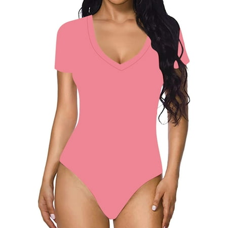 Jumpsuit Women Casual Sexy Tight Solid Color V Neck Short Sleeved Bodysuit Red Women S Polyester Jumpsuit XL