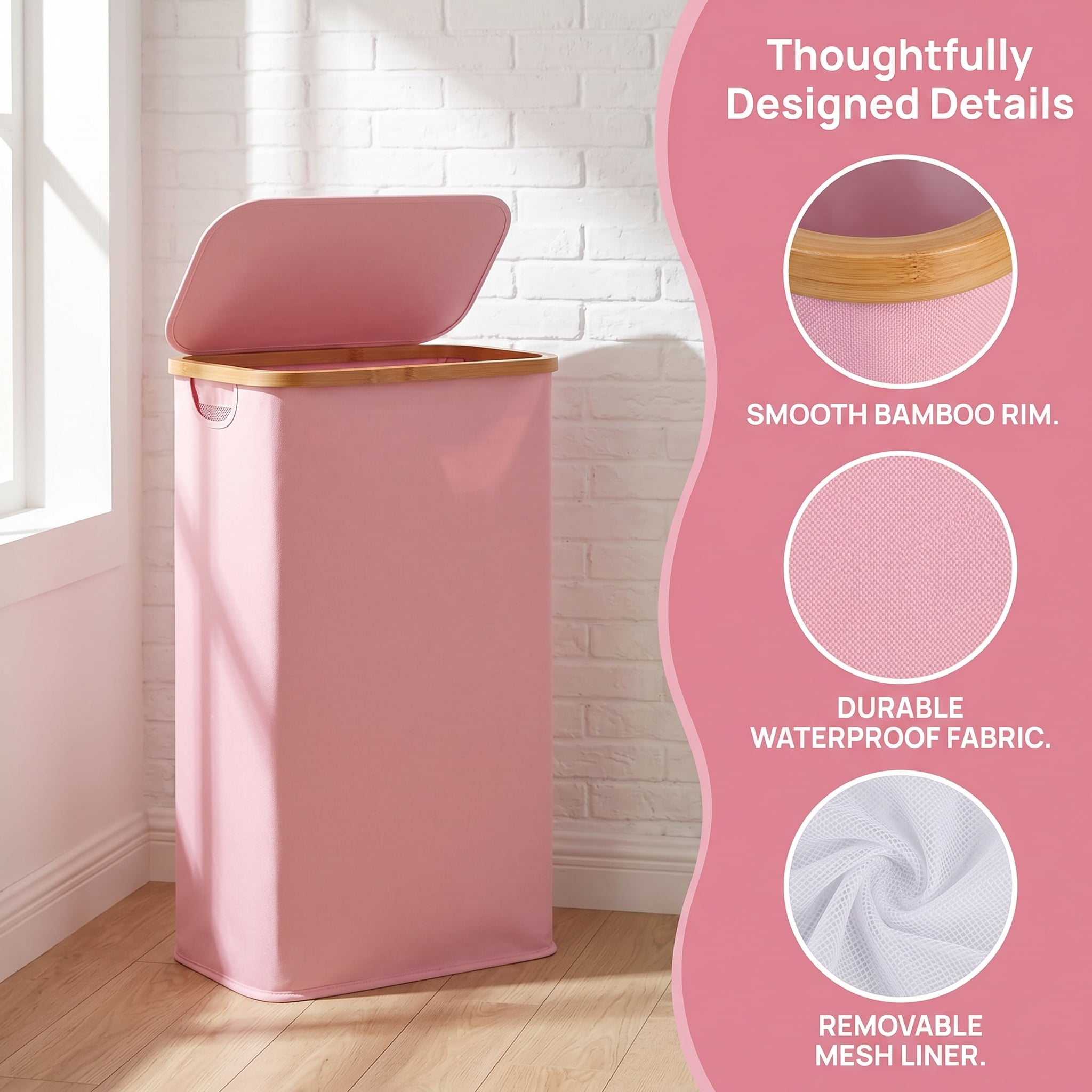 65L Slim Laundry Hamper, Narrow Laundry Basket with Lid,Foldable Clothes Hamper with Bamboo Handles,Hamper Basket with Removable Inner Bag for Laundry Room Bedroom College Dorm,17.17 Gals Pink
