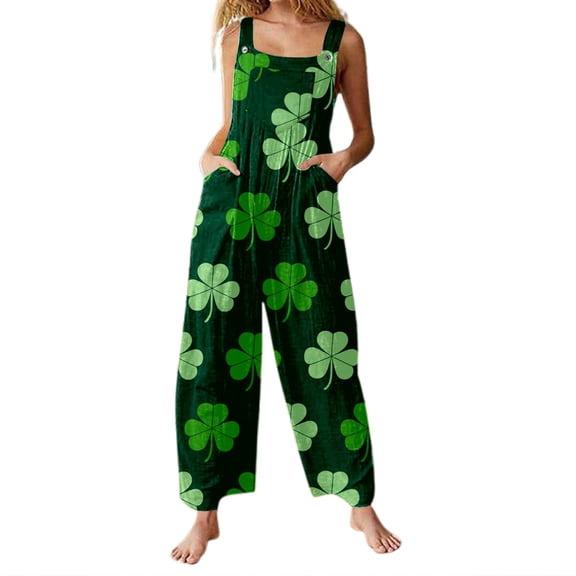 Saint Patrick's Day Overalls for Women Loose Fit Jumpsuit Plus Sizes Checkered Straight Leg Pants Stretch Bib Coveralls