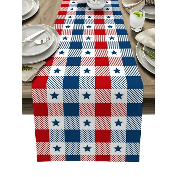 Ldtrchee 4th of July Table Runner 70 Inches, Independence Day Star Red Blue Plaid Bed Runner Dresser Scarves Tabletop for Indoor Outdoor Parties/Ceremony/Banquet, 13" x 70"