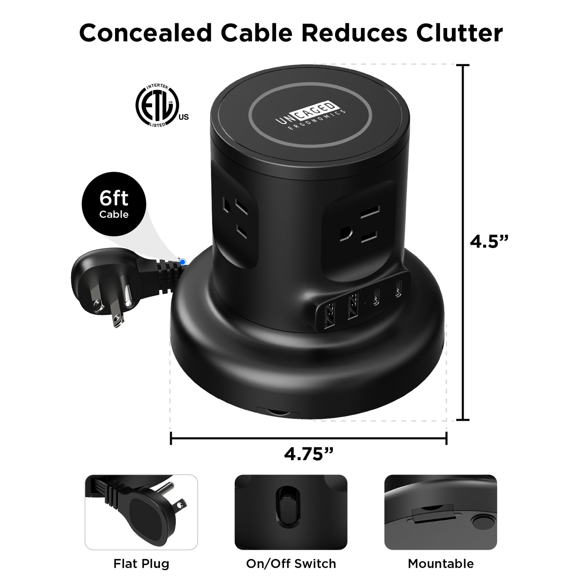 Wireless Retractable Power Strip Tower, 9-in-1 Surge Protector with 4 AC Outlets, 2 USB-C PD, 2 USB-A, 15W Wireless Charger, 6ft Auto-Retracting Cord, Fast Charging Station Black
