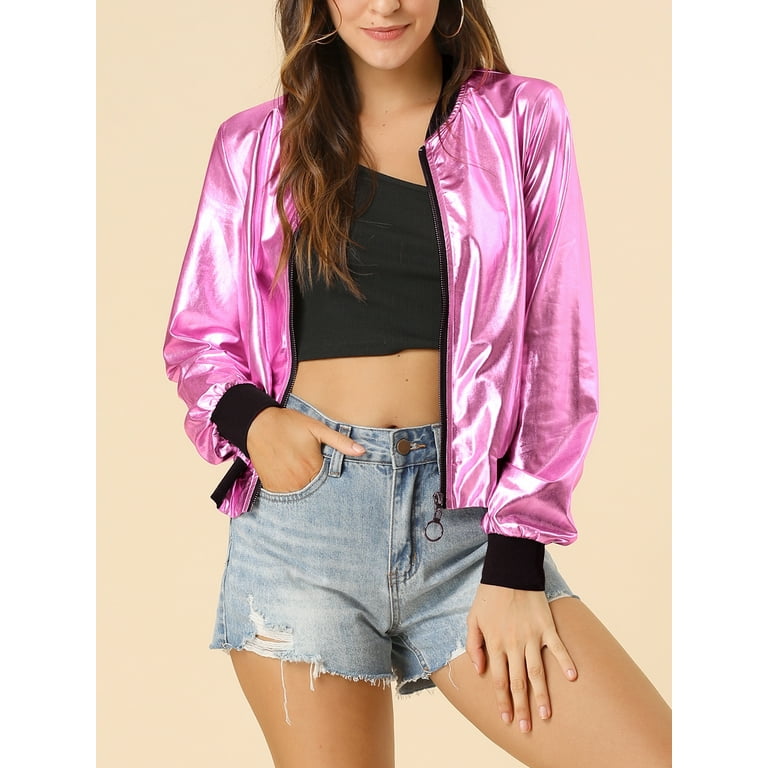 CULAX SHORT BONBERJACKET 美品 INSPIRE CHIC Women's Casual Stand Collar Metallic Zip Crop