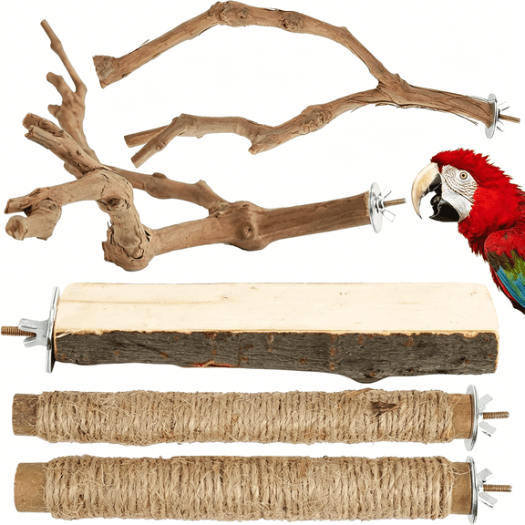 XIBUFE Bird Perch Stand,Pole Standing Natural Wood Bird Perch Set 5Pcs Paw Grinding Fork Parrot Cage Branch with Rope for Macaw African Grey Amazon Pet Medium Birds Cage Accessories