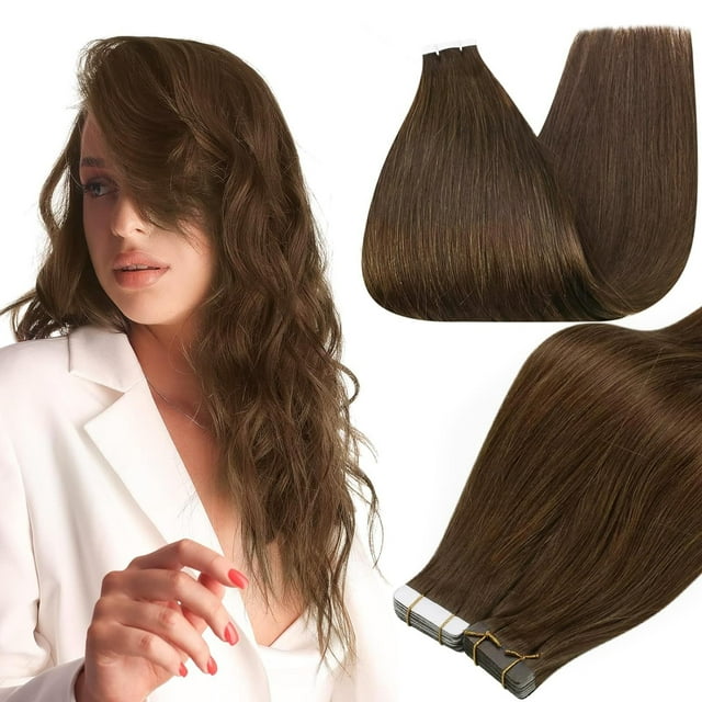 Extensiones de cabello con cinta adhesiva, cabello humano real, 24 pulgadas, color 4, marrón medio, extensiones de cab