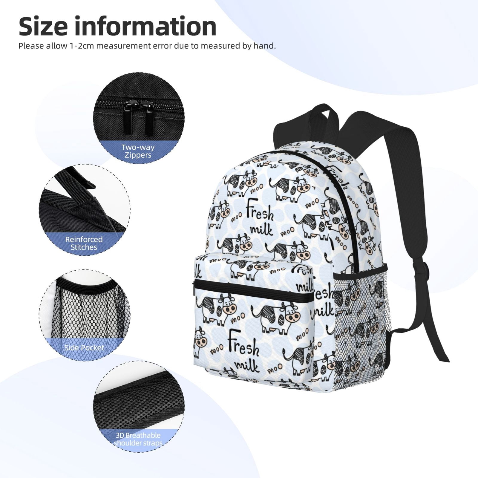 Horeoi Cow With Fresh Milk Print Casual Backpack for School Work Travel Hiking with Laptop Compartment and Side Pockets Lightweight Design