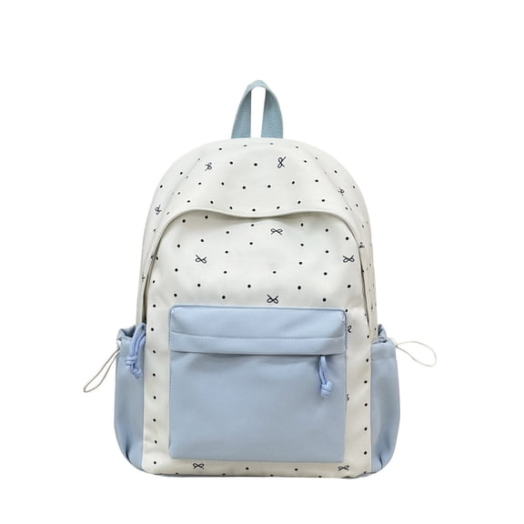 Polka Dot Bow Print Backpack for Girls Color Block Bookbag, Lightweight Aesthetic School Bag with Drawstring Side Pockets for Teens College (Blue)