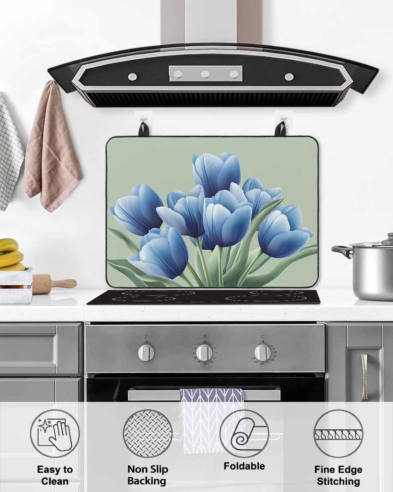 nqOlkjepod Large Induction Cooktop Protector Mat 24"x21", Navy Blue Tulip Stove Top Covers for Electric Stove, Chic Elegant Flowers Botanical Sage Green Stove Burner Cover Mats Stove Cover