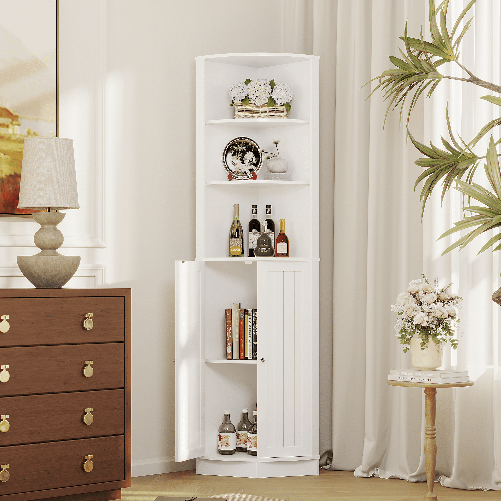 67 in Tall Corner Cabinet with 2 Doors and Adjustable Shelves, Narrow Freestanding Storage Cabinet for Bathroom, Kitchen, Living Room, Bedroom, Laundry Room, White