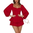 thumbnail image 1 of Combinaison Femme Lanterne Manches Longues à Volants Couche Cravate Mini Combishort, Combishorts pour Femmes Été, 1 of 6