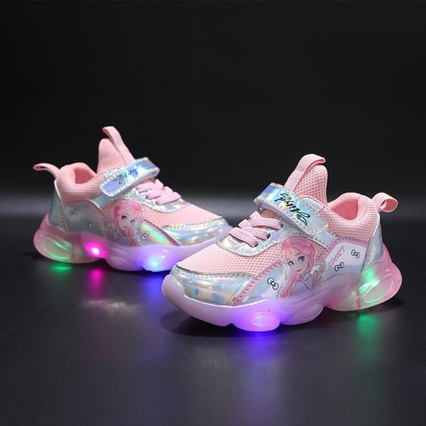 Zapatos con luz LED para niños de Disney, zapatillas de deporte frozen primavera y novedad de verano, zapatillas informales de princesa transpirables de malla, 23 plantillas de 14,2 cm Gao Jinjia LED