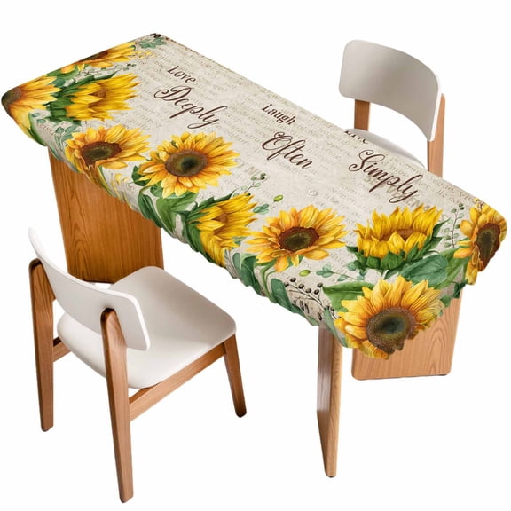 Sunflower Table Cloths for 8 Foot Rectangle Tables, Yellow Floral Farmhouse Botanical Vintage Art Patio Waterproof Elastic Fitted Tablecloths, Washable Rectangular Table Cover for Camping