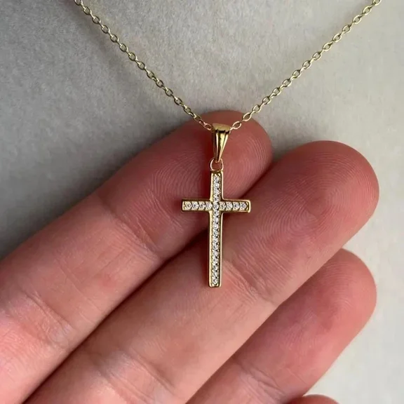 1.00Ct Round Cut Simulated Diamond Women's & Men's Religious Cross Shape Pendant 14k Yellow Gold Plated 925 Silver