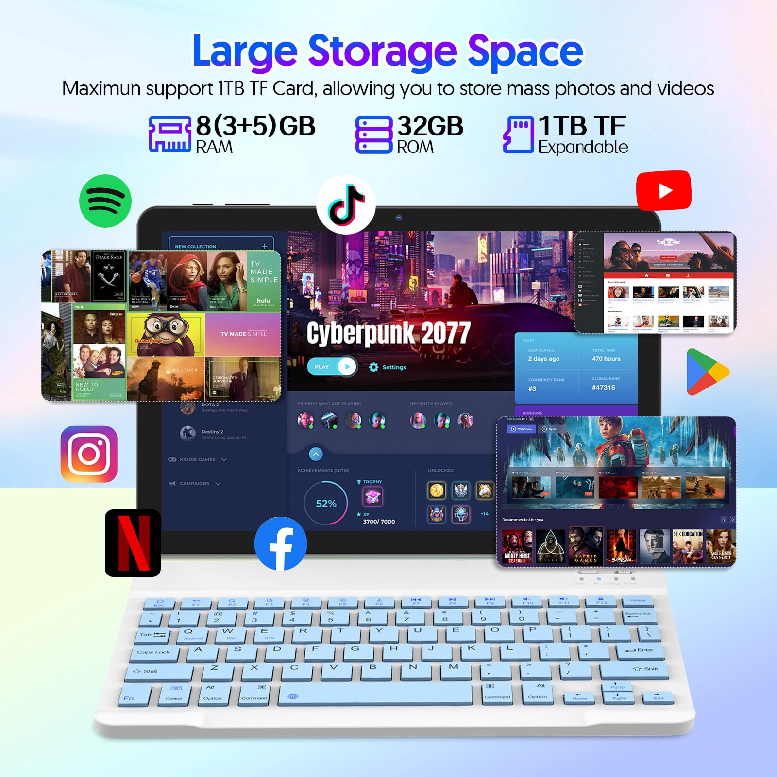 10.1 Inch Tablets Android 14 Tablet with Octa-Core,8GB+32GB+1TB TF Expansion, 6000mAh Battery,5G WiFi6,Dual Camera 2 in 1 Tablets with Keyboard, Mouse,Pen,Case