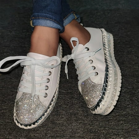 

Egmy Women Flat Heel Crystal Rhinestone Glitter Lace-Up Platform Loafers Shoe