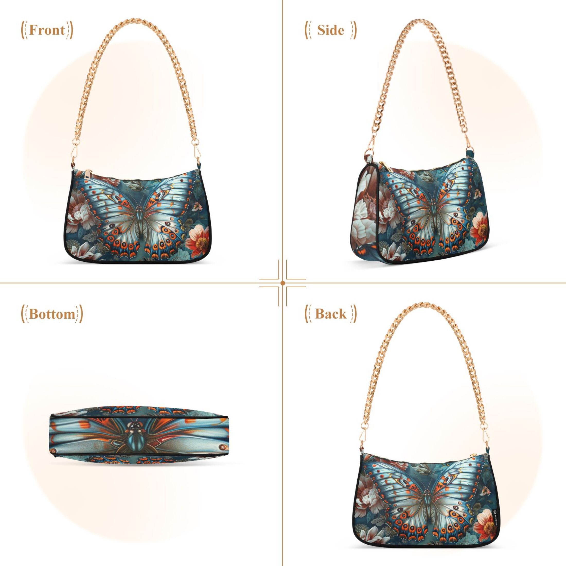 Ryvnso Magic Butterfly on Floral Womens Chain Shoulder Bag Tote Handbags Clutch Hobo Purse with Zipper for Travel