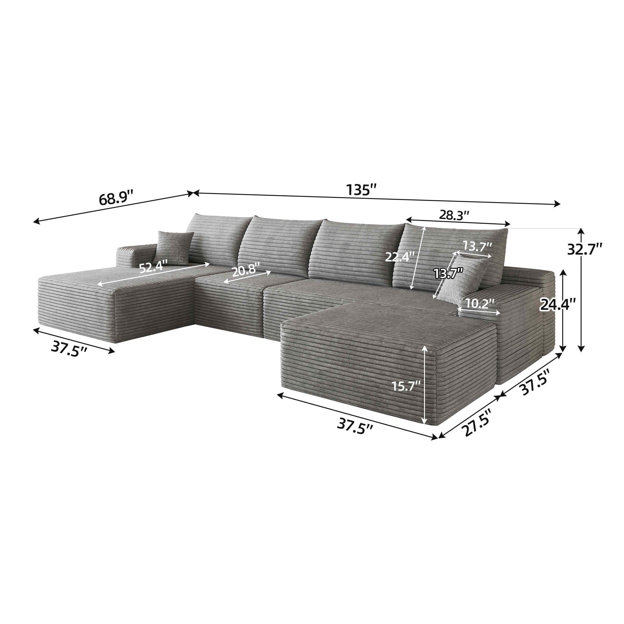 MAYEERTY 135 Inch L‑Shape Cloud Sectional Couch with Chaise, Modern Modular Deep‑Seat Sofa, Plush Corduroy Upholstered Couch, No Assembly Required for Living Room Bedroom Apartment