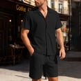 thumbnail image 3 of Havenx Mens 2 Piece Casual Beach Outfits Button Down Short Sleeve Drawstring Shirts Shorts Lapel Collar Textured Outfits Loose Summer Holiday Vacation Walking Outfits Tracksuit,Black 2XL, 3 of 6