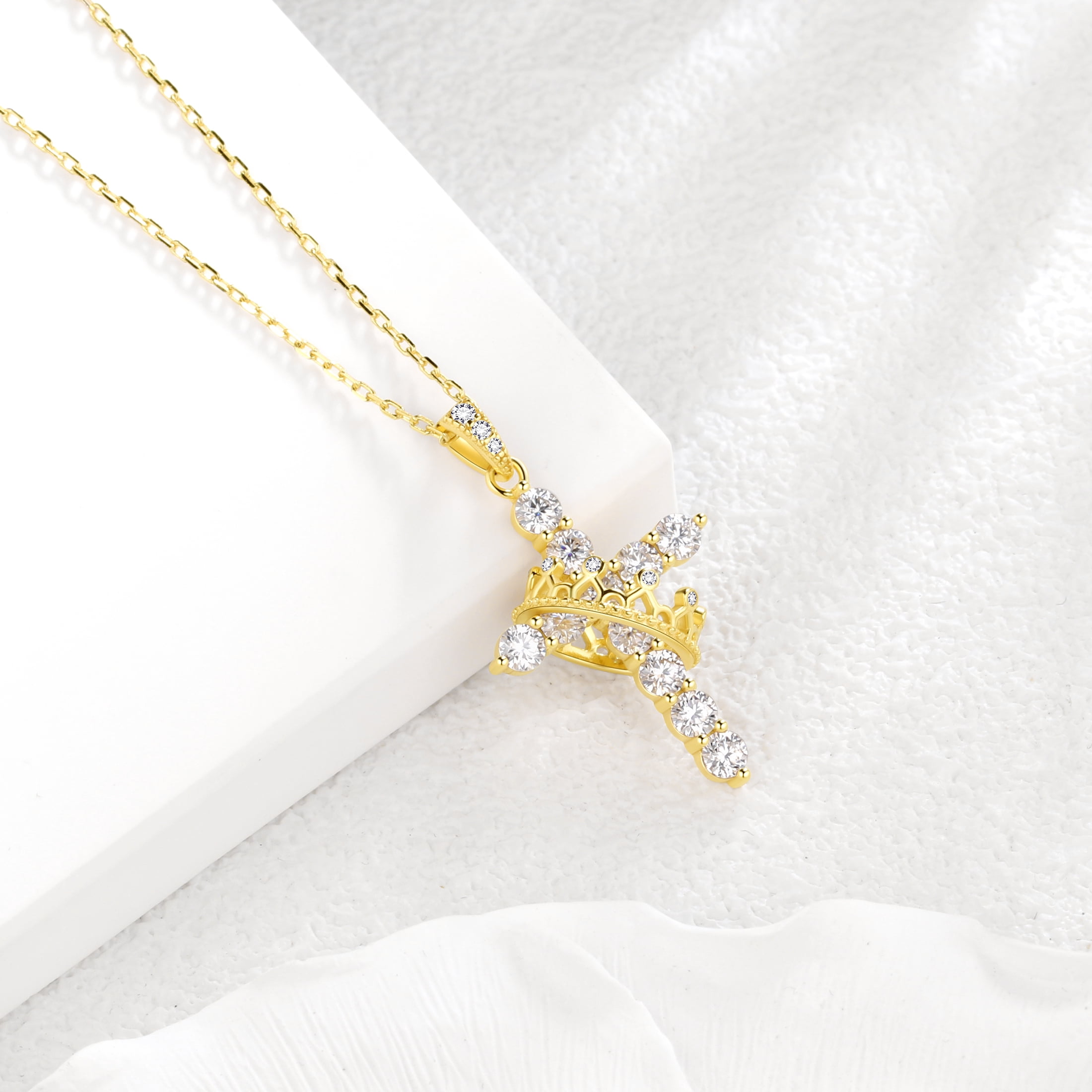 Beautlace Cross D Color VVS1 Moissanite Necklace,925 Sterling Silver Rotated Crown Round Cut Simulated Diamond Pendant Necklace Jewelry Gift for Women Wife Lover