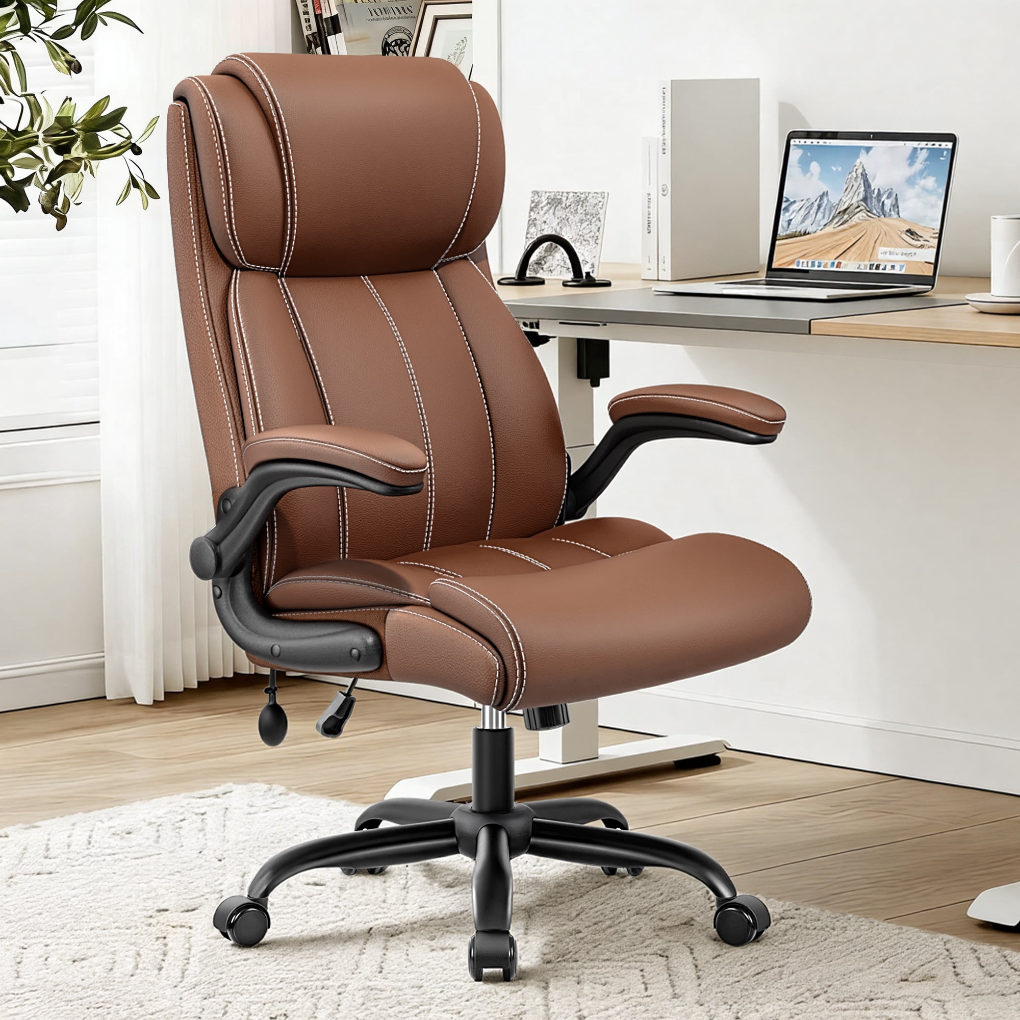 Primy Ergonomic Office Chair with Adjustable Air Lumbar, Home Desk Computer Chair, Leather High-Back Executive Chairs with Flip-Up Arms, Rocking Swivel Comfort