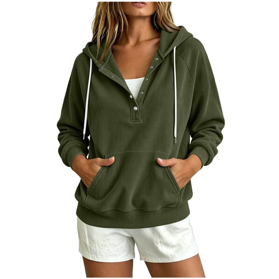 Turilly Women's Corduroy Henley Hoodie Half-Button Drawstring Pullover Sweatshirt with Kangaroo Pocket for Fall and Winter
