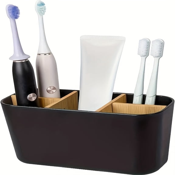 5-Slot Black Toothbrush Holder with Divider, Bathroom Countertop Organizer for Electric Toothbrush Toothpaste Razor, No Power Needed, Durable & Stylish Minimalist Design for Modern Bathroom
