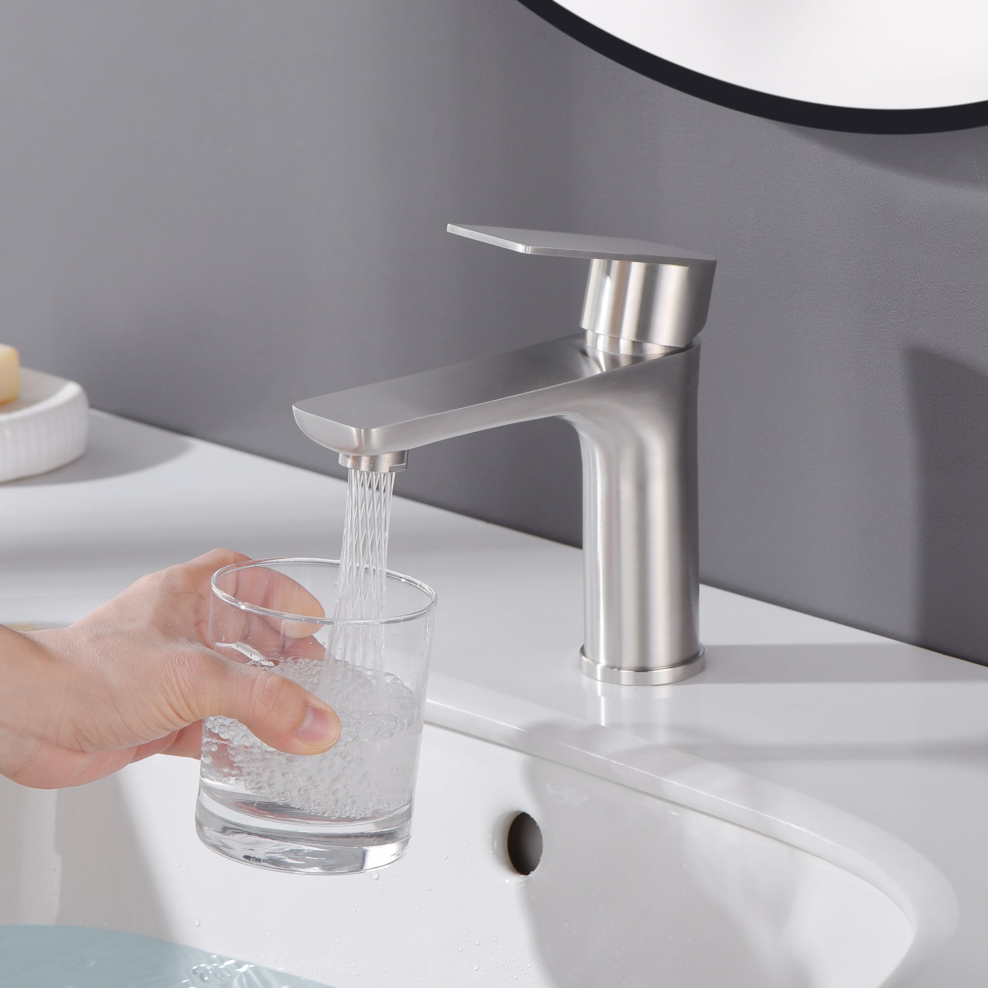 sumerain Bathroom Sink Faucet Single Hole,Brushed Nickel Lavatory Faucet Stainless Steel Single Handle Basin Tap Faucet with Water Supply Lines