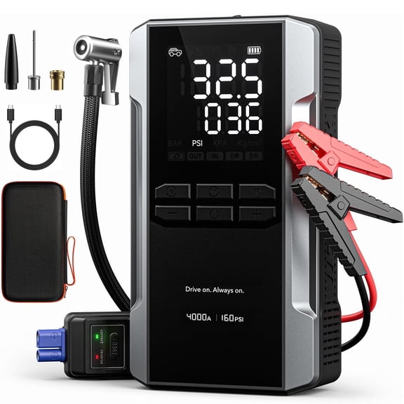4000A Jump Starter with 160PSI Air Compressor, 12V Car Battery Booster, 88.8Wh Portable Jump Box (10L Gas/10L Diesel) with 65W Fast Charging, Tire Inflator, Jumper Cables, LED Light
