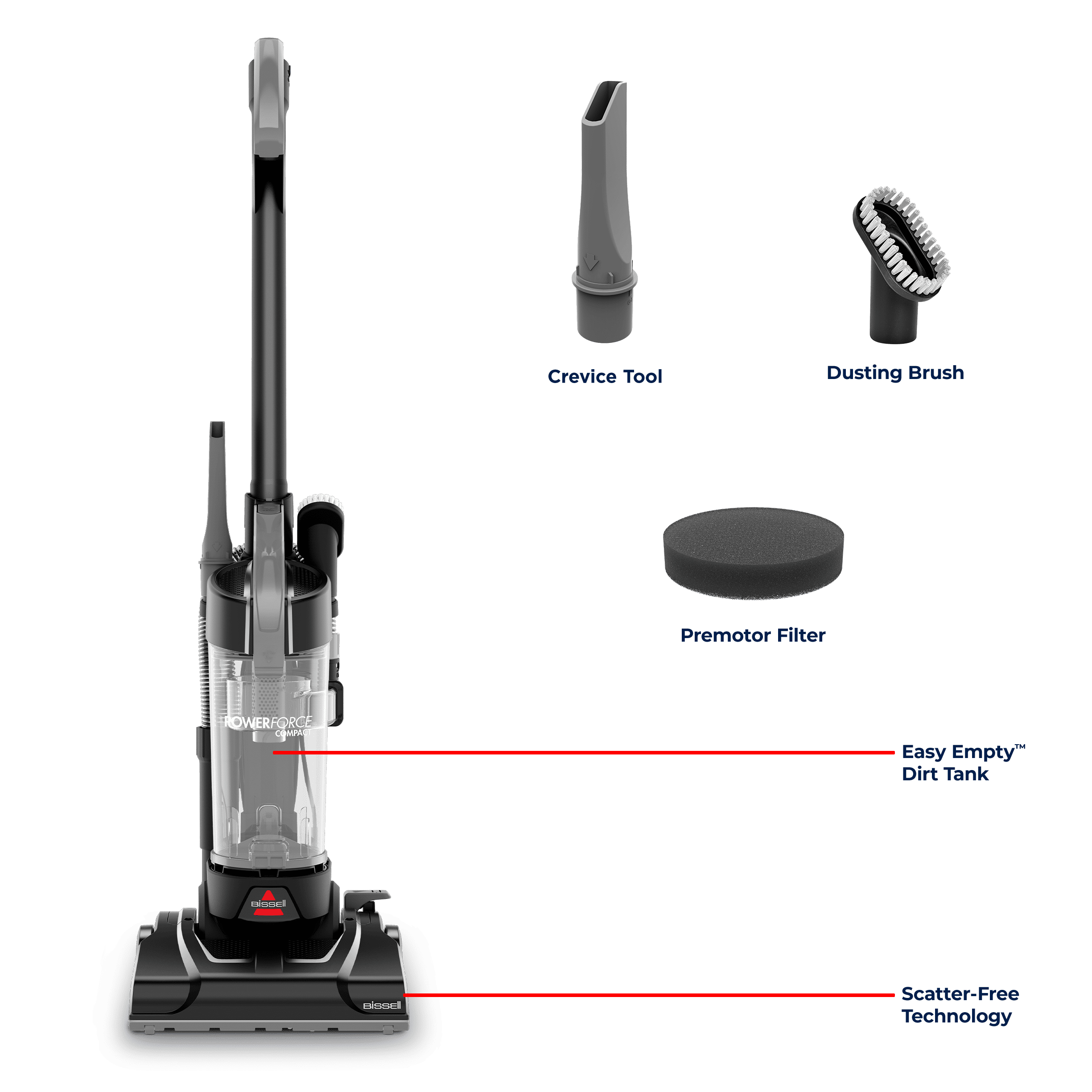 BISSELL PowerForce Compact, Bagless, Upright Vacuum, Lightweight, Powerful Suction, High Reach Wand, Hard Floor and Carpet, 4362, Gray & Black