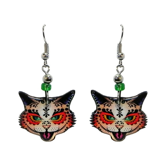 Day of the Dead Sugar Skull Cat Face Animal Graphic Dangle Earrings - Womens Fashion Handmade Jewelry Pet Lover Accessories