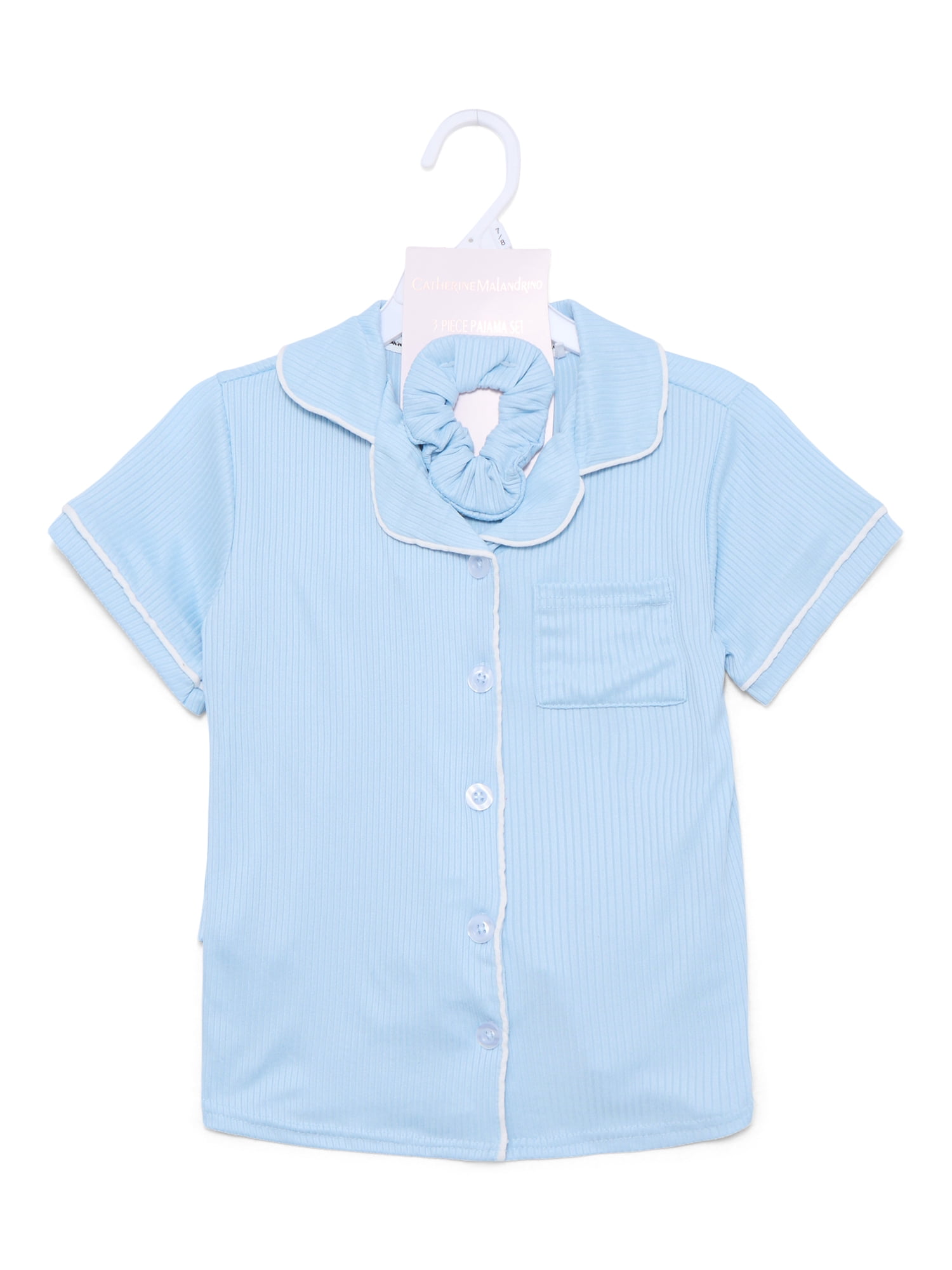 Catherine Malandrino Girls Ribbed Short Sleeve Top, Shorts and Scrunchie Pajama Set, 3-Piece, Sizes 5-16