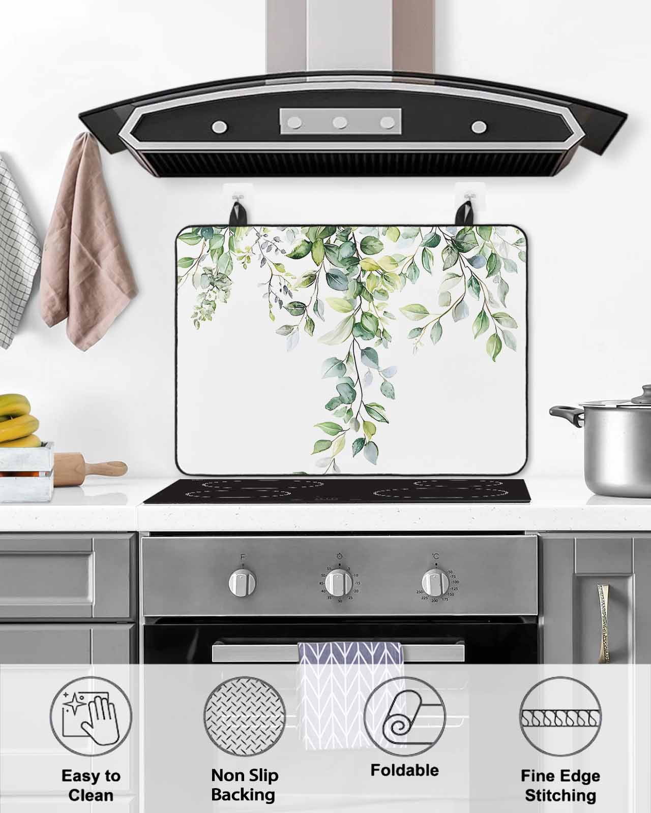 nqOlkjepod Large Induction Cooktop Protector Mat 24"x21", Summer Eucalyptus Leaves Stove Top Covers for Electric Stove, Pastoral Rustic Botanical Stove Burner Cover Mats, Glass Top Stove Cover