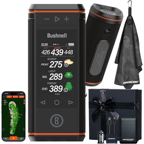 Bushnell Golf Wingman HD GPS Speaker with Color Touchscreen, Audible and Visual Front/Center/Back with Powerful 360 Degree Audio, Hazard Distances. Full Hole View and Signature Series Gift Bundle