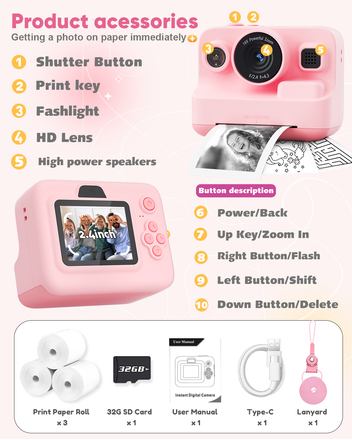 Prysyed Kids Instant Print Digital Camera, 1080P HD, Pink photo 2