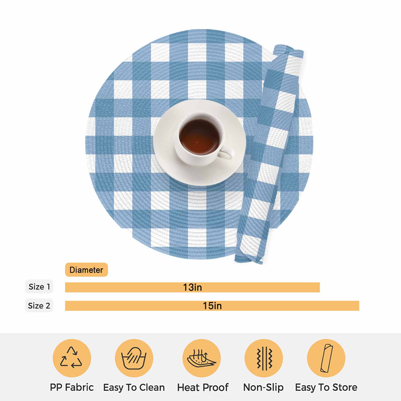 Round Woven Placemats set of 4, Farmhouse Vintage Washable&Heat Resistant Plastic Wipeable Placemats for Round Table Gingham Checkered Texture Kitchen Dining Table Decor, 13in, Steel Blue