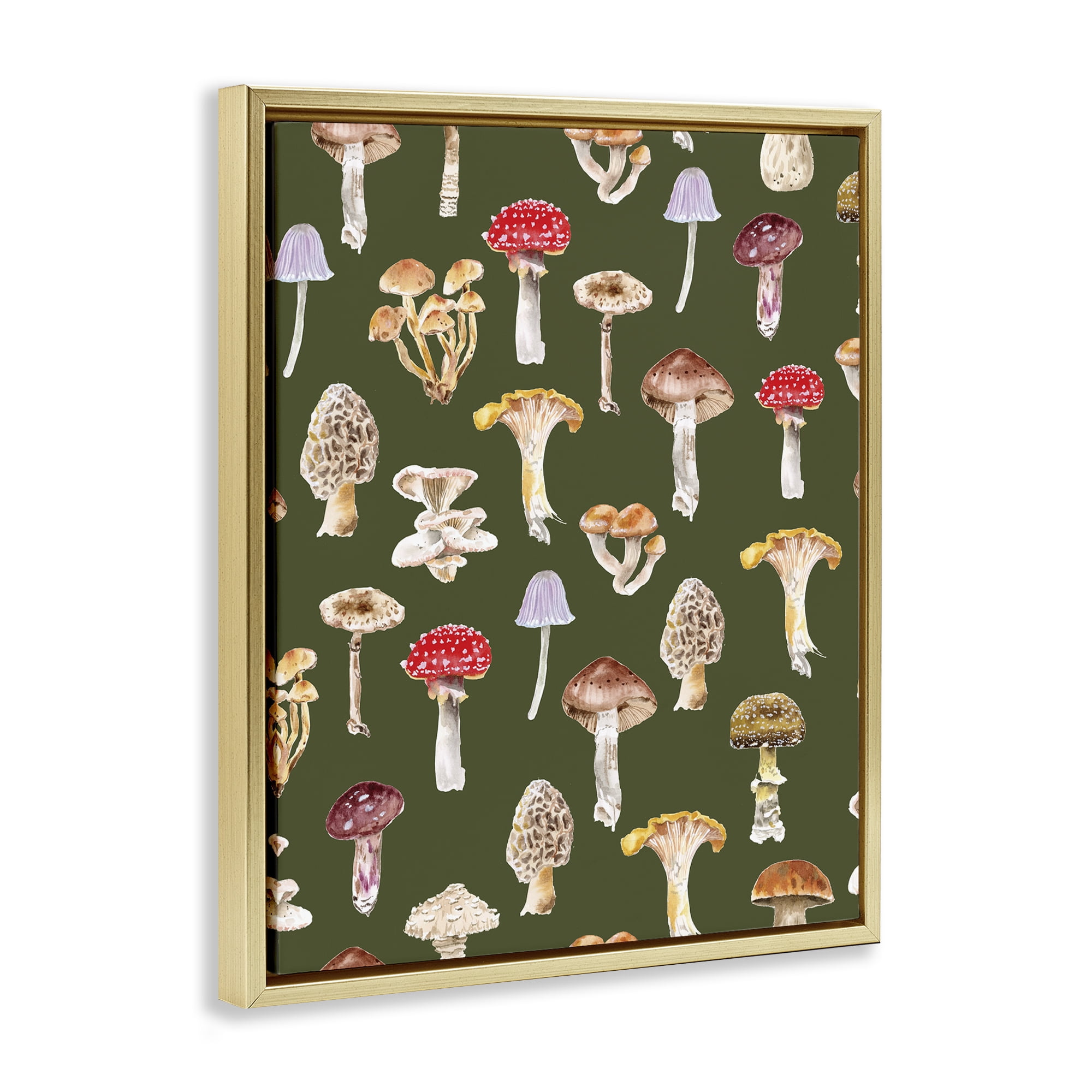 Stupell Industries Mushrooms Repeating Pattern Botanical & Floral Painting Gold Floater Framed Art Print Wall Art, 25 x 31