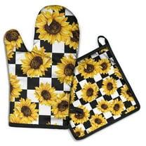 Checke Sunflower Kitchen Oven Mitt and Pot Holder Sets 2 Pcs for Baking, Cooking and Grilling, Heat Resistant Up To 392 °F