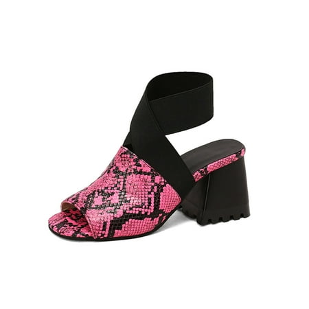 

SIMANLAN Womens Dress Sandal Ankle Strap High Heels Summer Heeled Sandals Ladies Snake Print Pumps Women Chunky Heel Rose Red 7.5