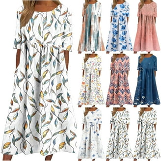 Cotton Linen Dress for Women,Summer Plus Size Long Sleeve Crew