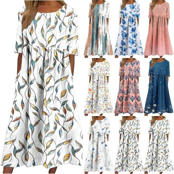 Horkkom Floral Dress for Women Summer Short Sleeve Maxi Dresses Casual Crew Neck Pleated Dress with Pockets White S