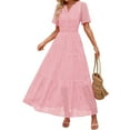 thumbnail image 2 of Women'S Summer Short Sleeve Maxi Dress Casual V Neck Hollow Out Eyelet Ruffle Swing A Line Long Dresses Pink L, 2 of 8